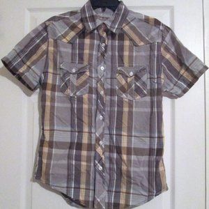 Arizona Button Up Collar Earth Toned Plaid Top Sm